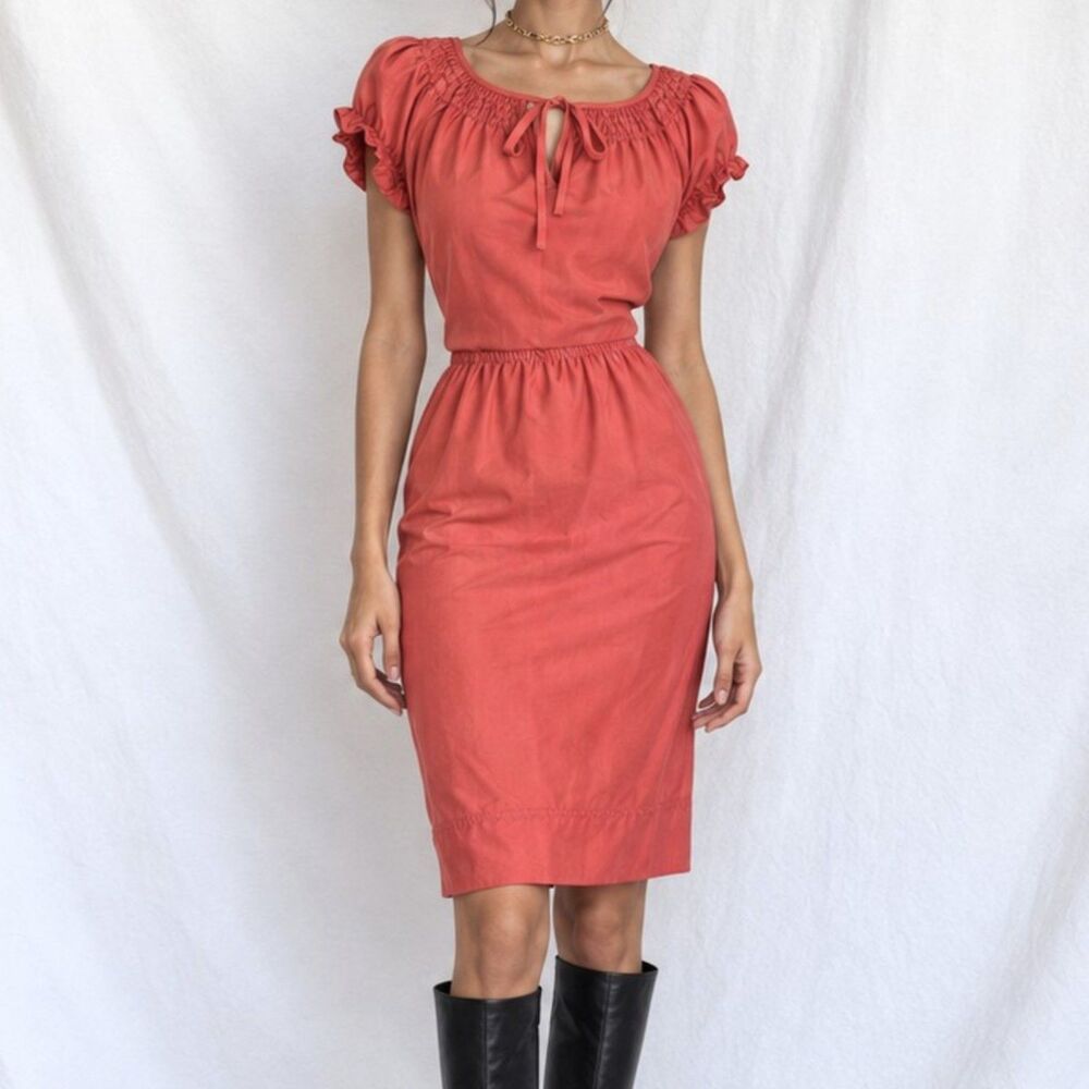 Vintage Y2K Orange Short Puffy Sleeve Knee Length Silk Summer Sundress Size M